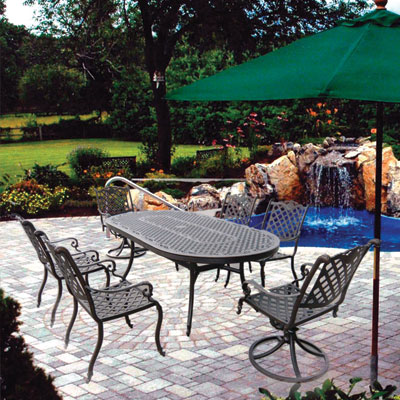 Athena Dining Set: 4-Dining Arm Chairs, 2-Swivel Rockers, 1-84"X42" Cast top oval table. Athena Dining Set: 4-Dining Arm Chairs, 2-Swivel Rockers, 1-84"X42" Cast top oval table.