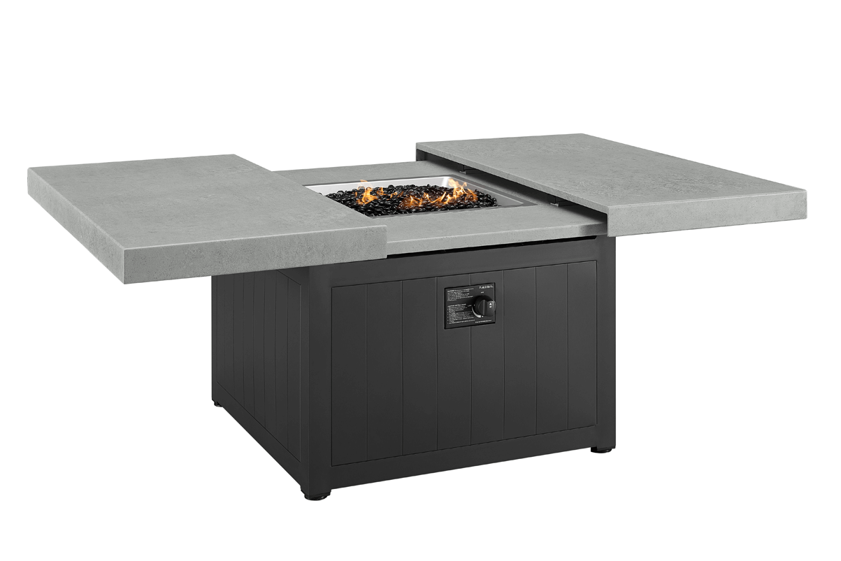 42" Square Fire Table with Black Base and Charcoal Stamped Slatted Top